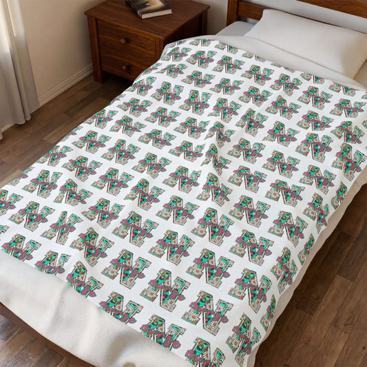 Nurse Plush Blanket — Floral Letter 'R' Pattern Velveteen Throw personalize for back to school