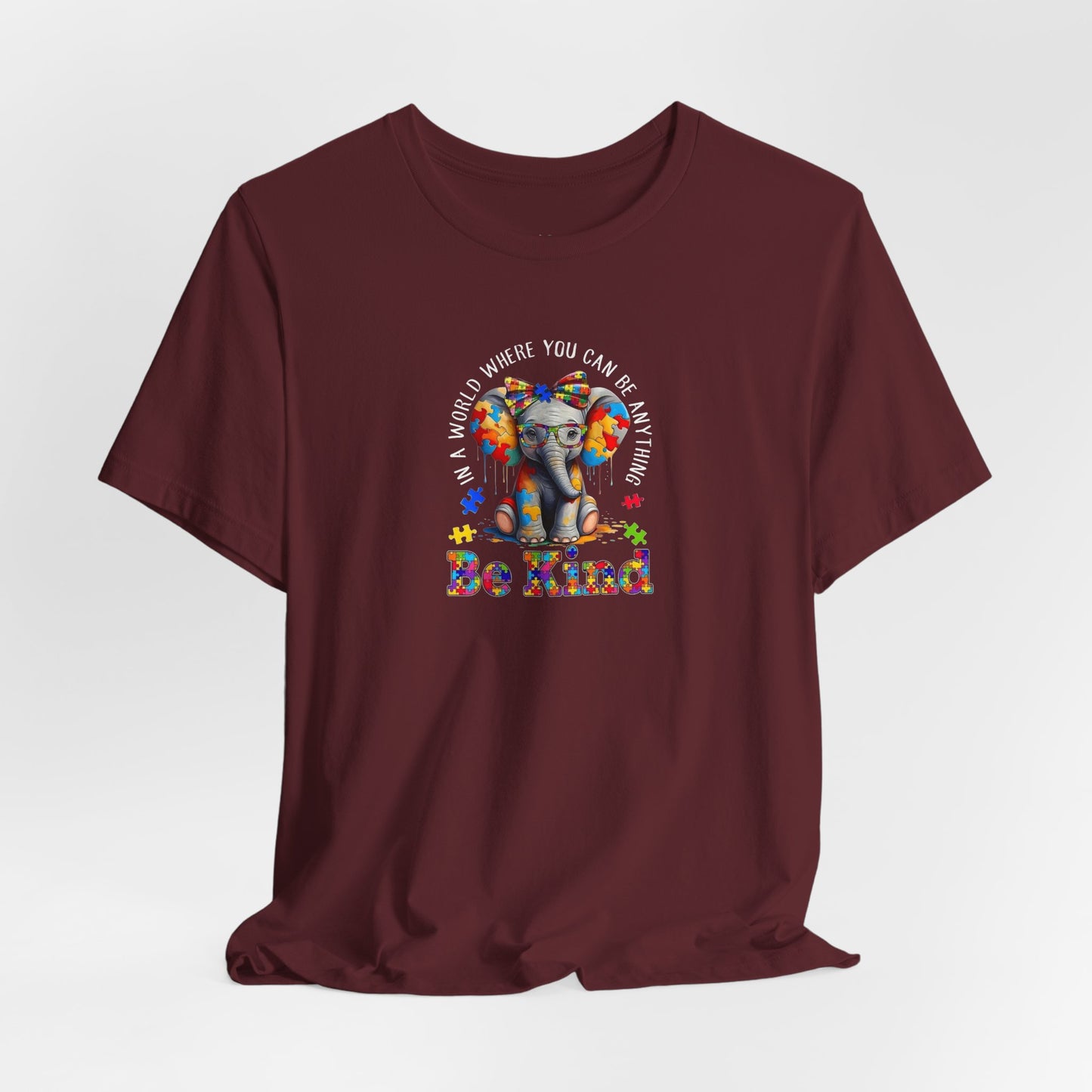 Be Kind Elephant T-Shirt — Colorful Puzzle Piece Autism Awareness Tee