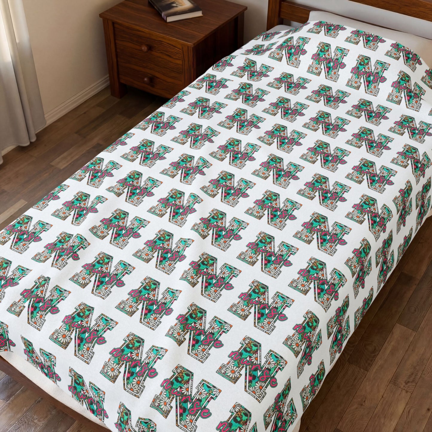 Nurse Plush Blanket — Floral Letter 'R' Pattern Velveteen Throw personalize for back to school