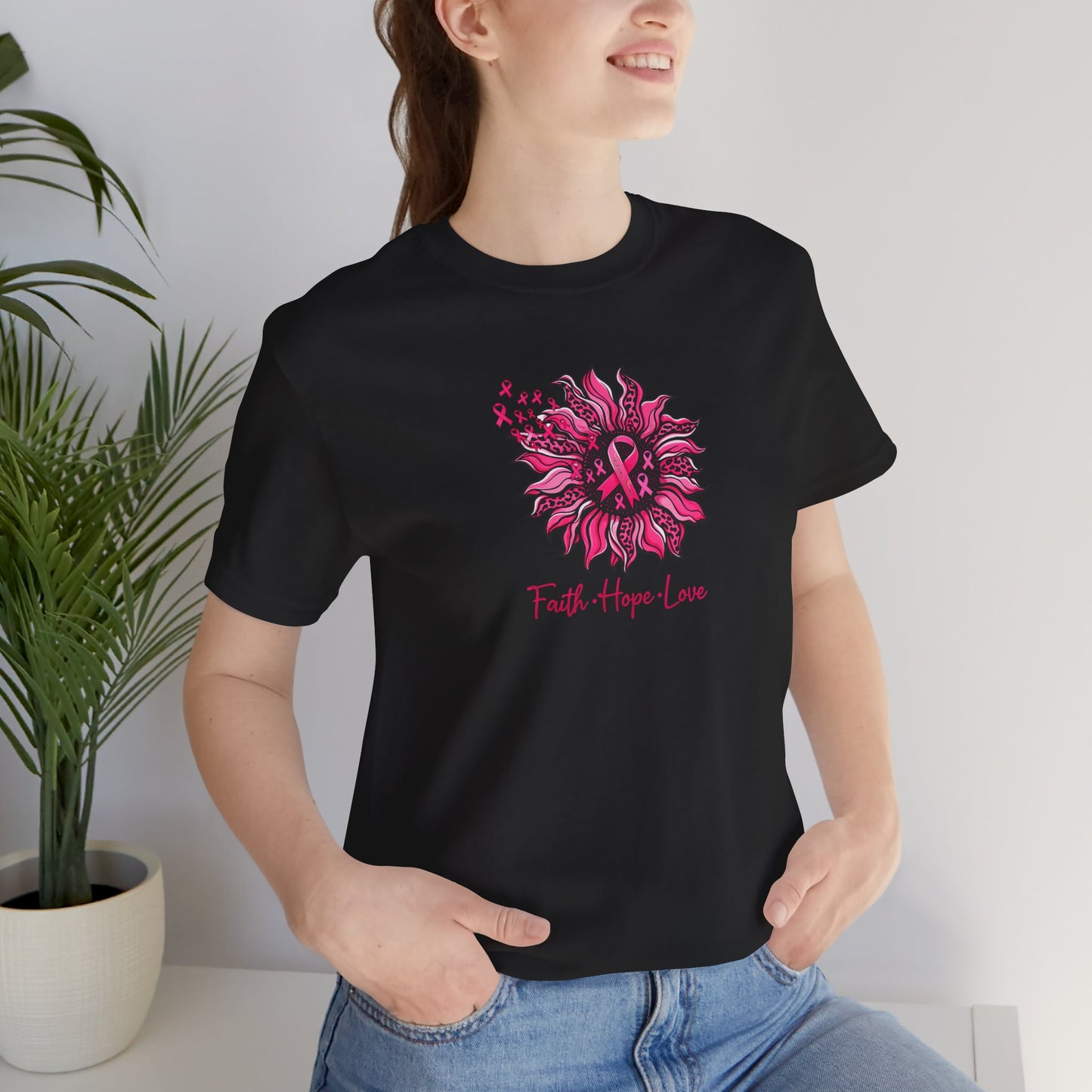 Breast Cancer Awareness Tee — Faith • Hope • Love Pink Ribbon Floral T‑Shirt
