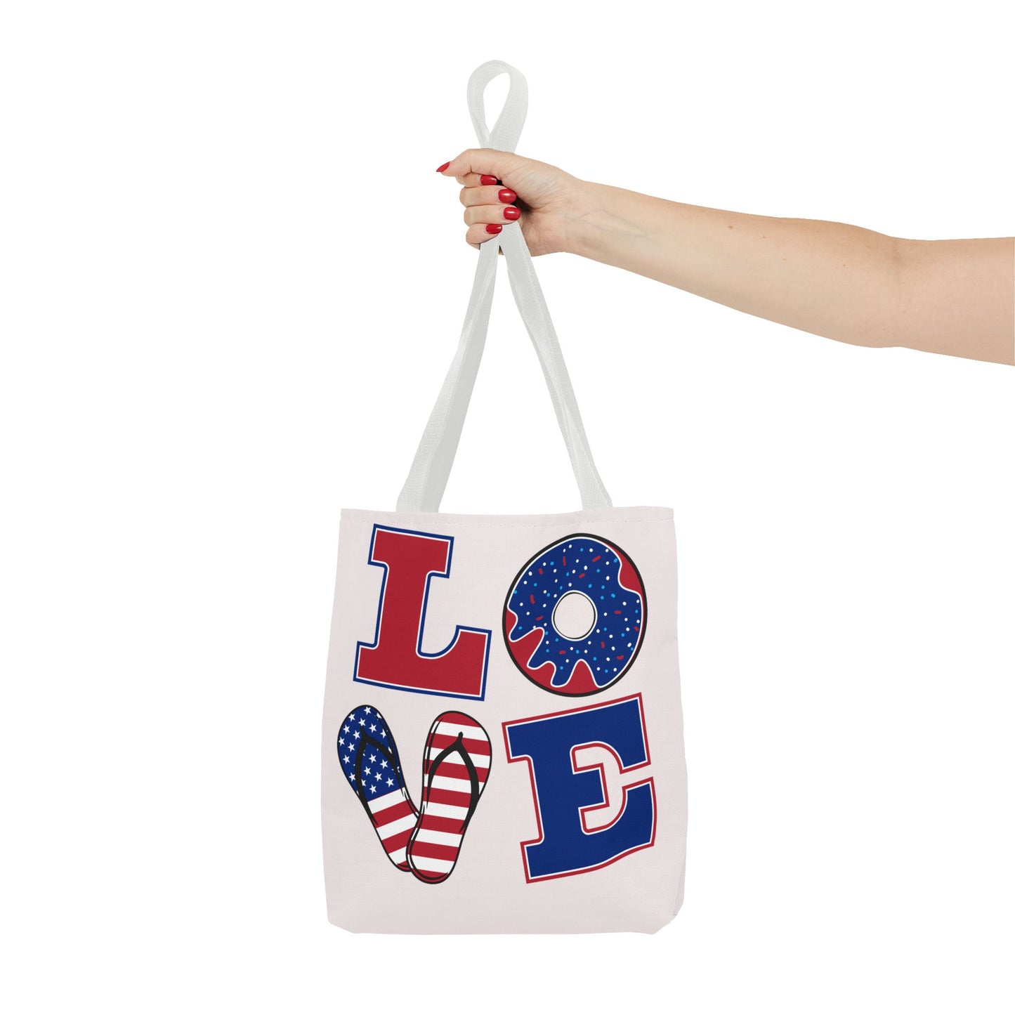 Patriotic 'LOVE' Tote Bag — American Flag Flip-Flop & Donut Beach Bag for 4th of July