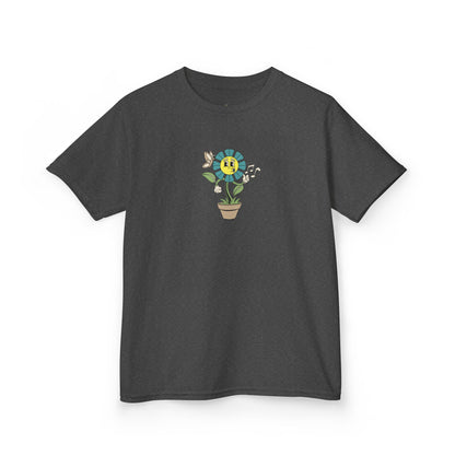 Kids teal Floral Pot T‑Shirt — Smiling Sunflower Plant Graphic