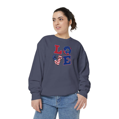 Patriotic "LOVE" Sweatshirt - American Flag Heart Fourth of July Crewneck