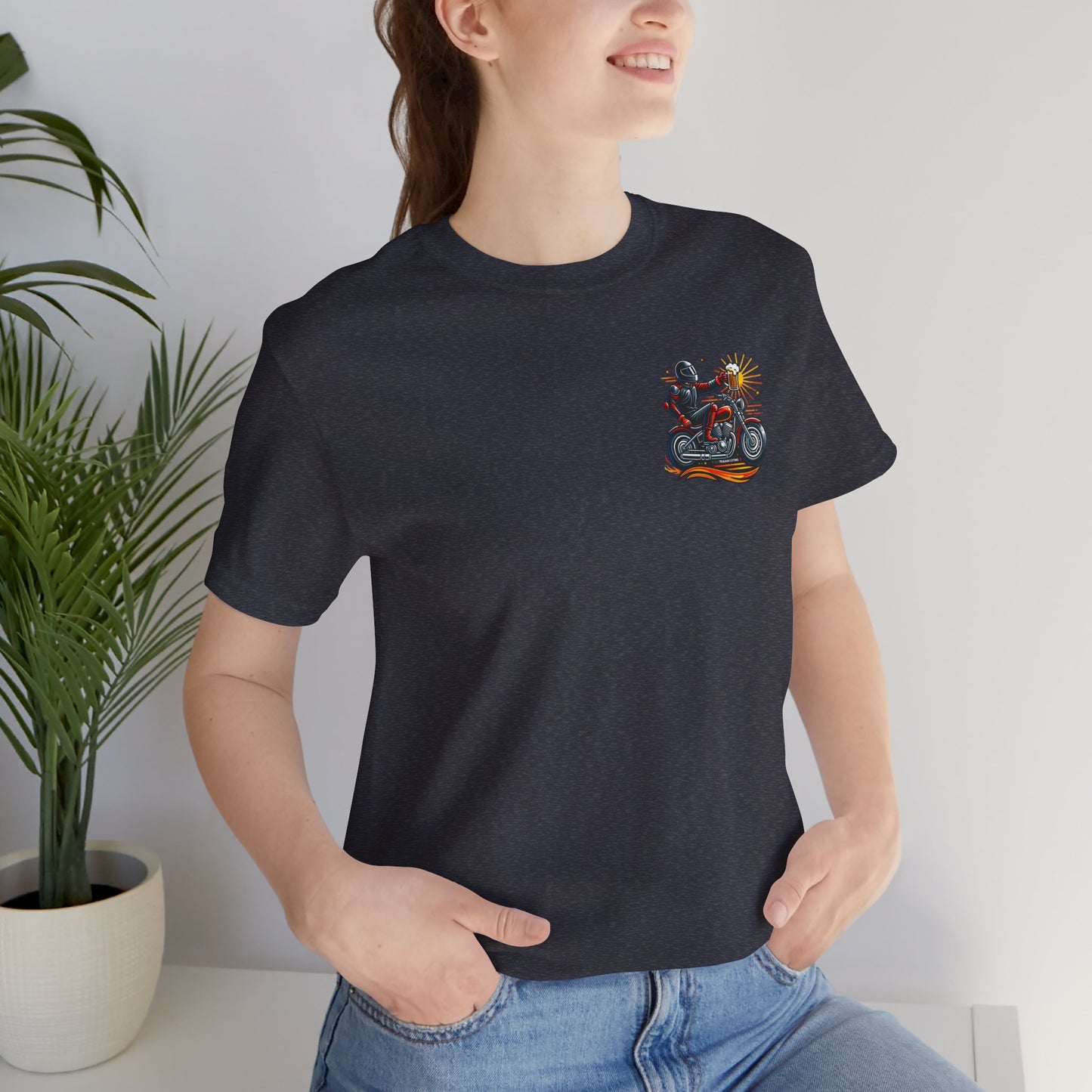 Motorcycle T‑Shirt with Beer Mug Graphic