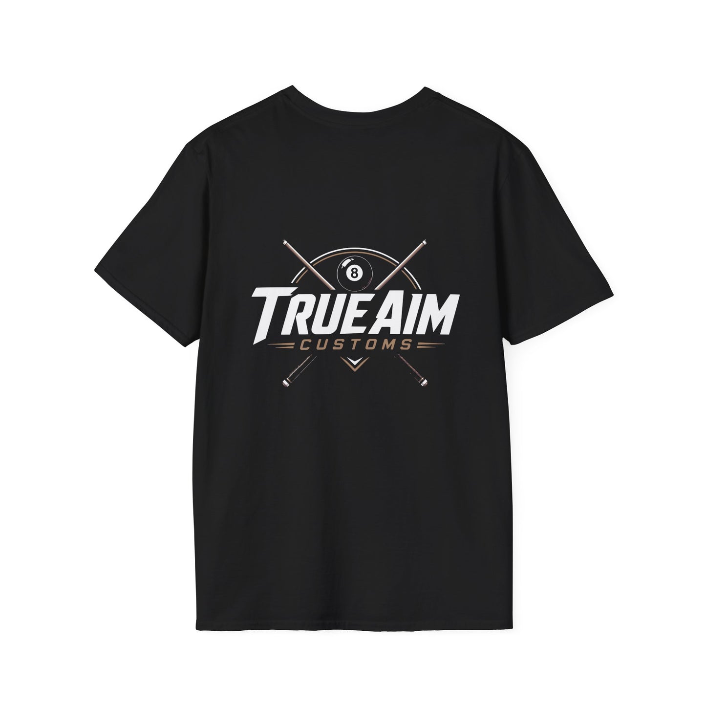 TrueAim Customs Billiards Logo T-Shirt — Pool Cue & 8-Ball Graphic Tee