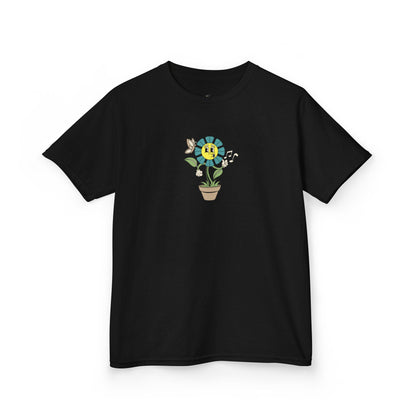 Kids teal Floral Pot T‑Shirt — Smiling Sunflower Plant Graphic