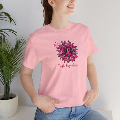 Breast Cancer Awareness Tee — Faith • Hope • Love Pink Ribbon Floral T‑Shirt
