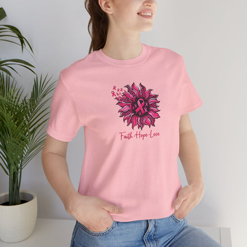 Breast Cancer Awareness Tee — Faith • Hope • Love Pink Ribbon Floral T‑Shirt
