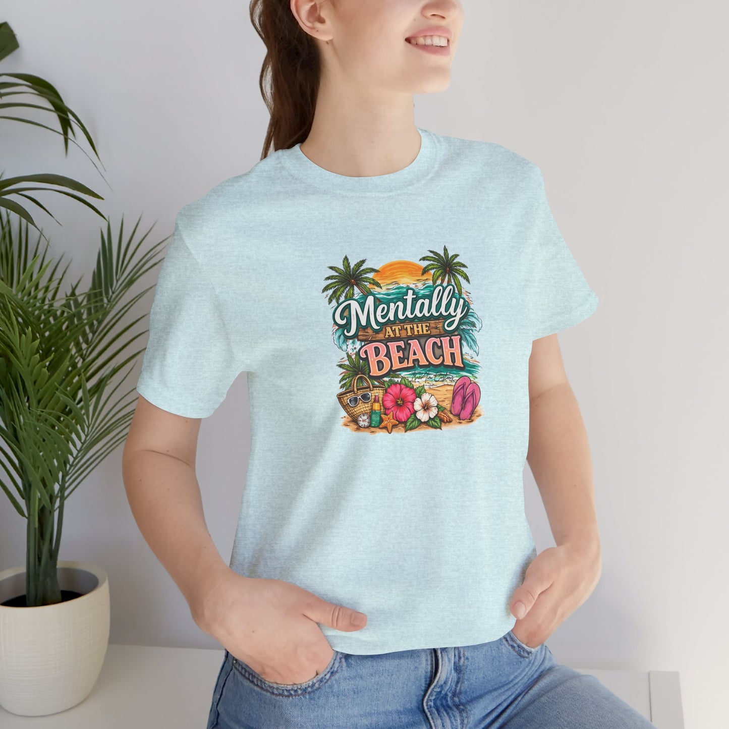 Mentally at the Beach Tee – Tropical Sunset Palm Vacation T-Shirt