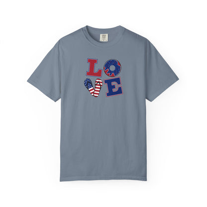 Patriotic "LOVE" Heart T-Shirt — American Flag Fourth of July Tee