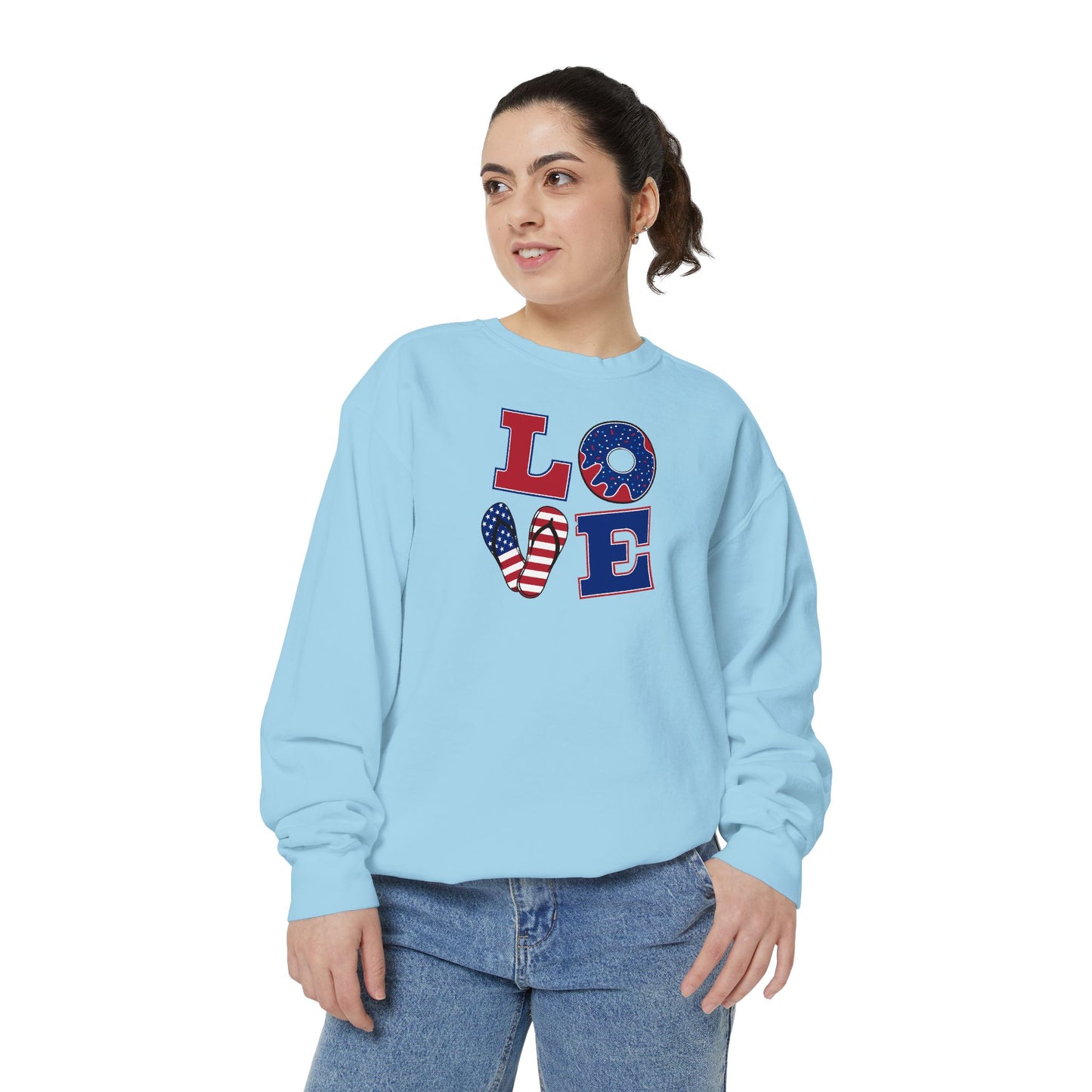 Patriotic "LOVE" Sweatshirt - American Flag Heart Fourth of July Crewneck