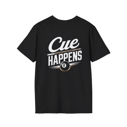 Cue Happens Pool T‑Shirt — Funny Billiards 8‑Ball Tee