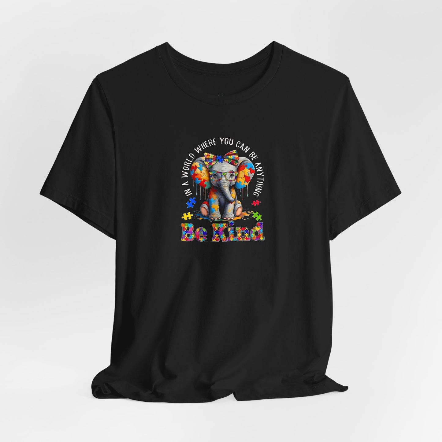 Be Kind Elephant T-Shirt — Colorful Puzzle Piece Autism Awareness Tee