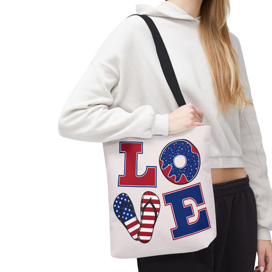 Patriotic 'LOVE' Tote Bag — American Flag Flip-Flop & Donut Beach Bag for 4th of July