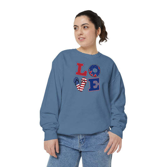 Patriotic "LOVE" Sweatshirt - American Flag Heart Fourth of July Crewneck