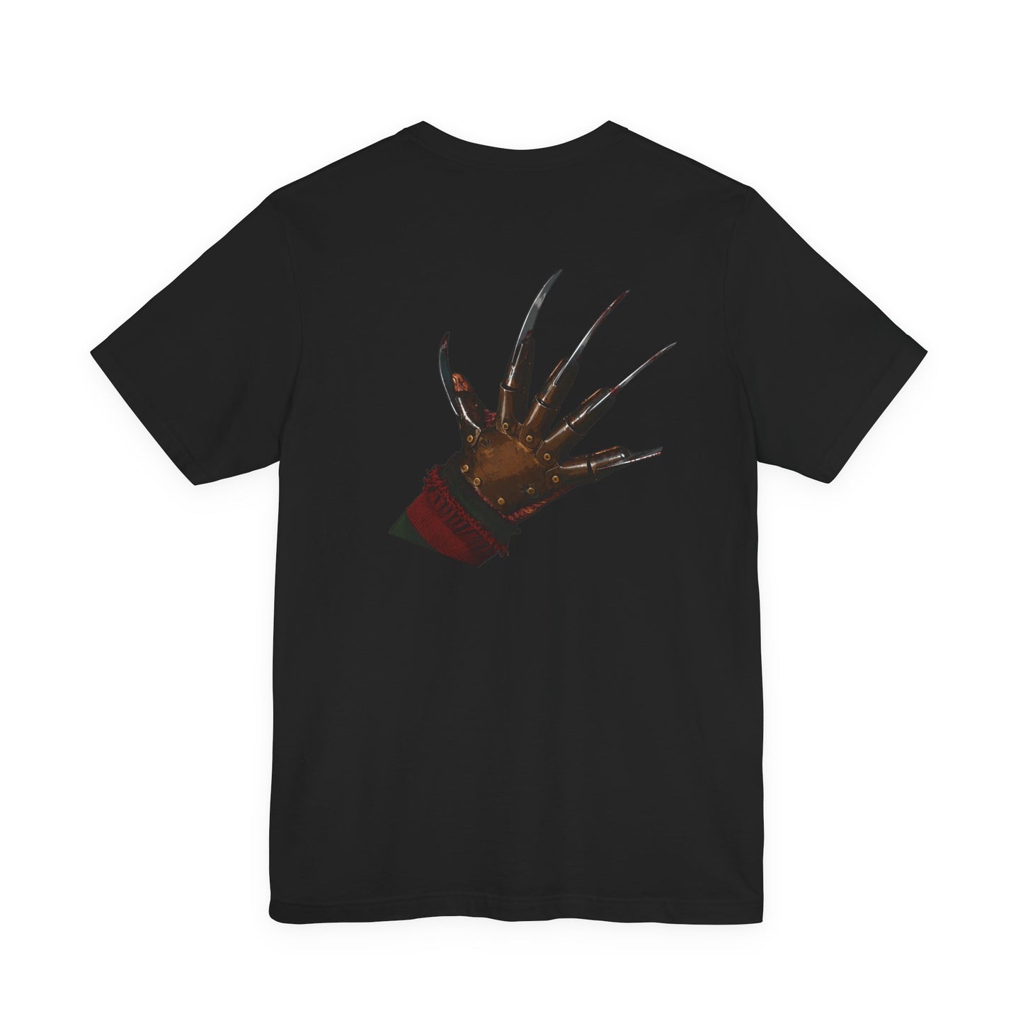 T‑Shirt — 'Nine, Ten, Never Sleep Again' Script Front with Freddy Krueger Claw Back Horror Tee