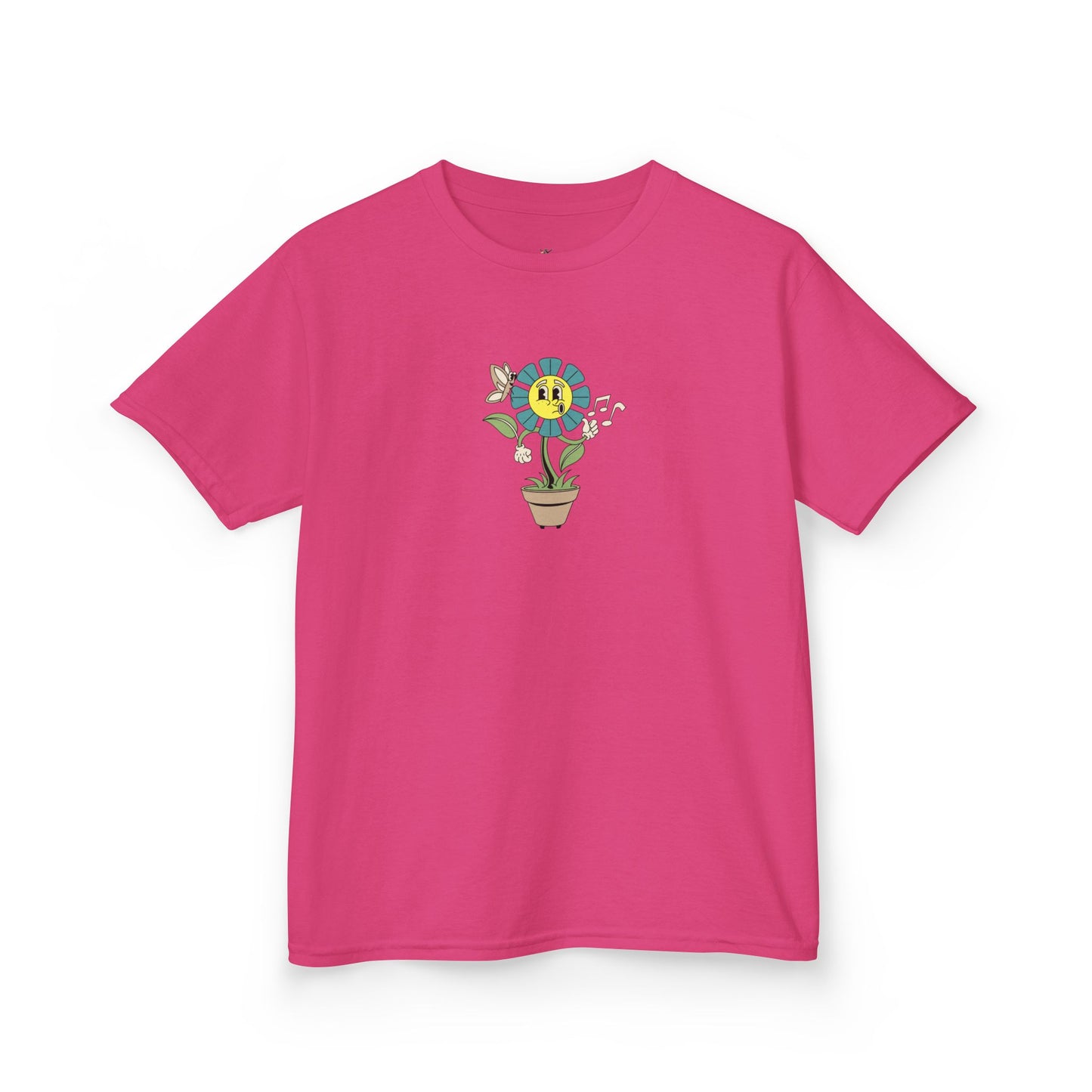 Kids teal Floral Pot T‑Shirt — Smiling Sunflower Plant Graphic