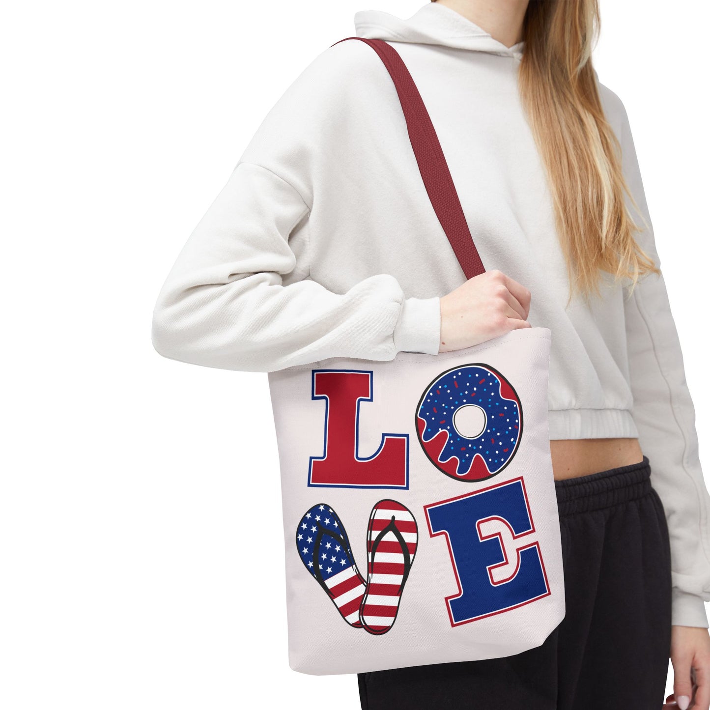 Patriotic 'LOVE' Tote Bag — American Flag Flip-Flop & Donut Beach Bag for 4th of July