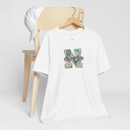 Floral Letter N, Nurse  T-Shirt — Tropical Botanical Monogram Tee