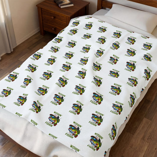 Wishin i was Fishin Velveteen Plush Blanket — Retro Camper Pattern Cozy Throw personalize for back to school