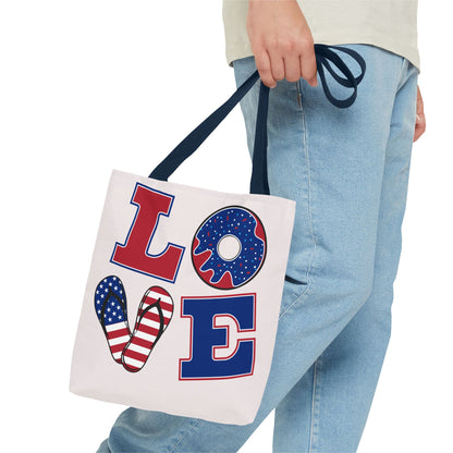 Patriotic 'LOVE' Tote Bag — American Flag Flip-Flop & Donut Beach Bag for 4th of July