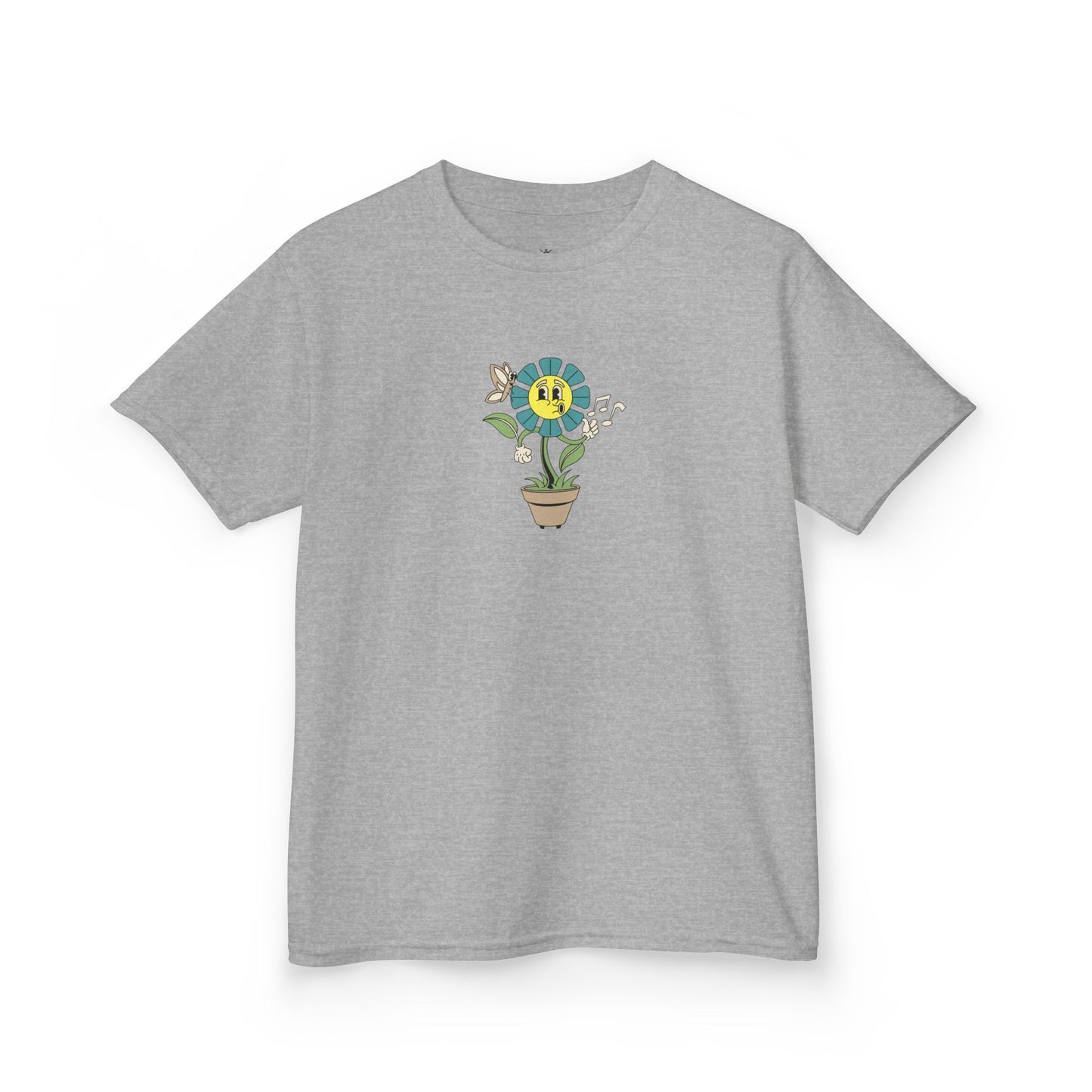 Kids teal Floral Pot T‑Shirt — Smiling Sunflower Plant Graphic