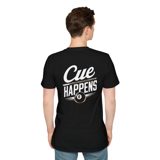 Cue Happens Pool T‑Shirt — Funny Billiards 8‑Ball Tee