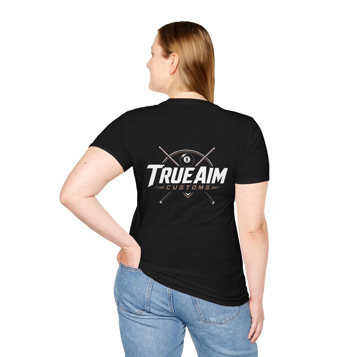 TrueAim Customs Billiards Logo T-Shirt — Pool Cue & 8-Ball Graphic Tee