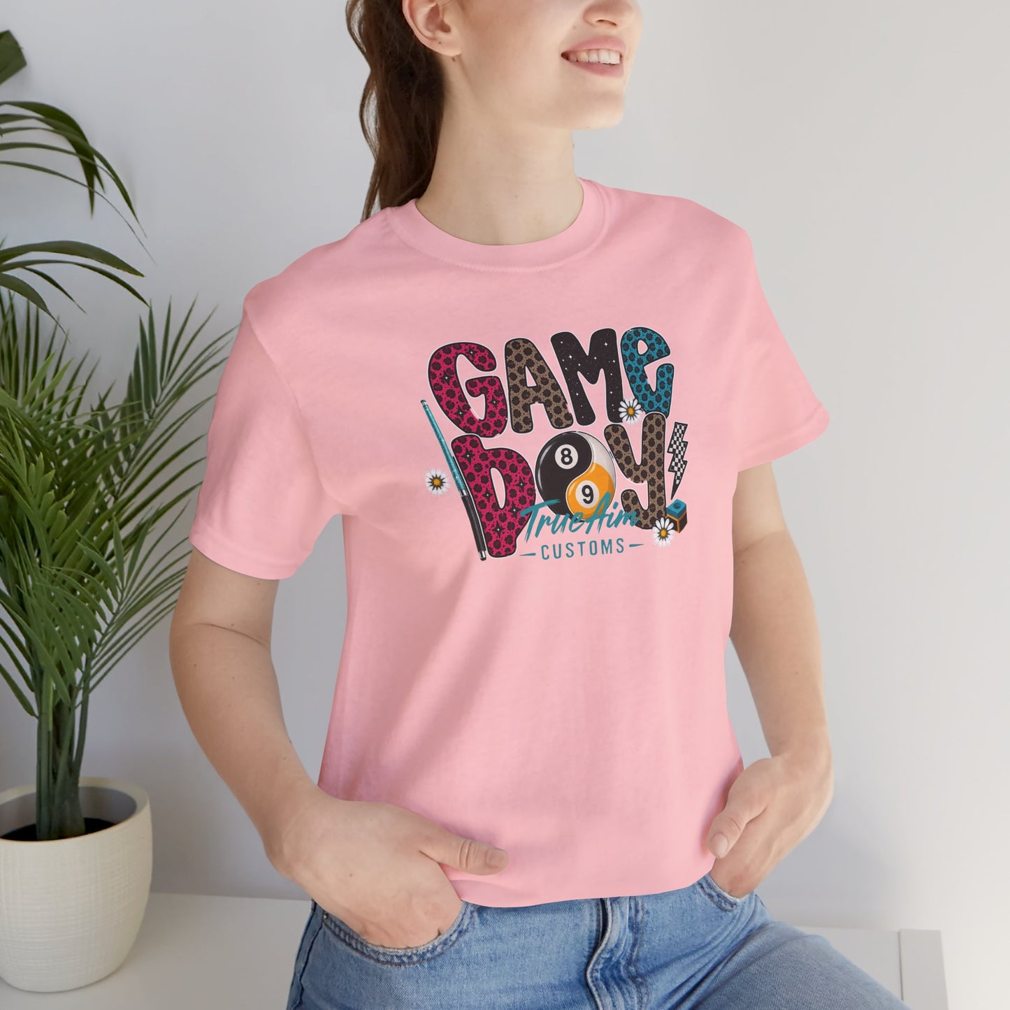 Game Day Pool Tee — "Game Day" Graphic T-Shirt (Back: "Move Over Boys Let This Girl Show You How To Shoot")