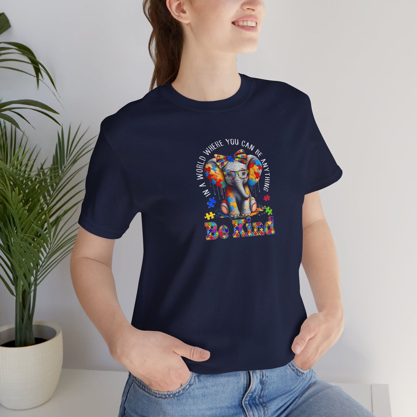 Be Kind Elephant T-Shirt — Colorful Puzzle Piece Autism Awareness Tee