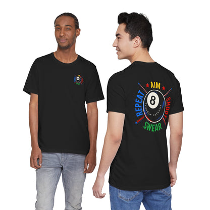 Billiards 8-Ball Tee — "Aim, Shoot, Swear, Repeat" Pool Shirt