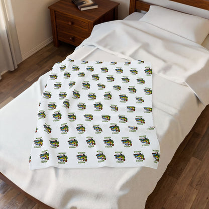 Wishin i was Fishin Velveteen Plush Blanket — Retro Camper Pattern Cozy Throw personalize for back to school