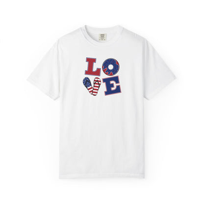 Patriotic "LOVE" Heart T-Shirt — American Flag Fourth of July Tee