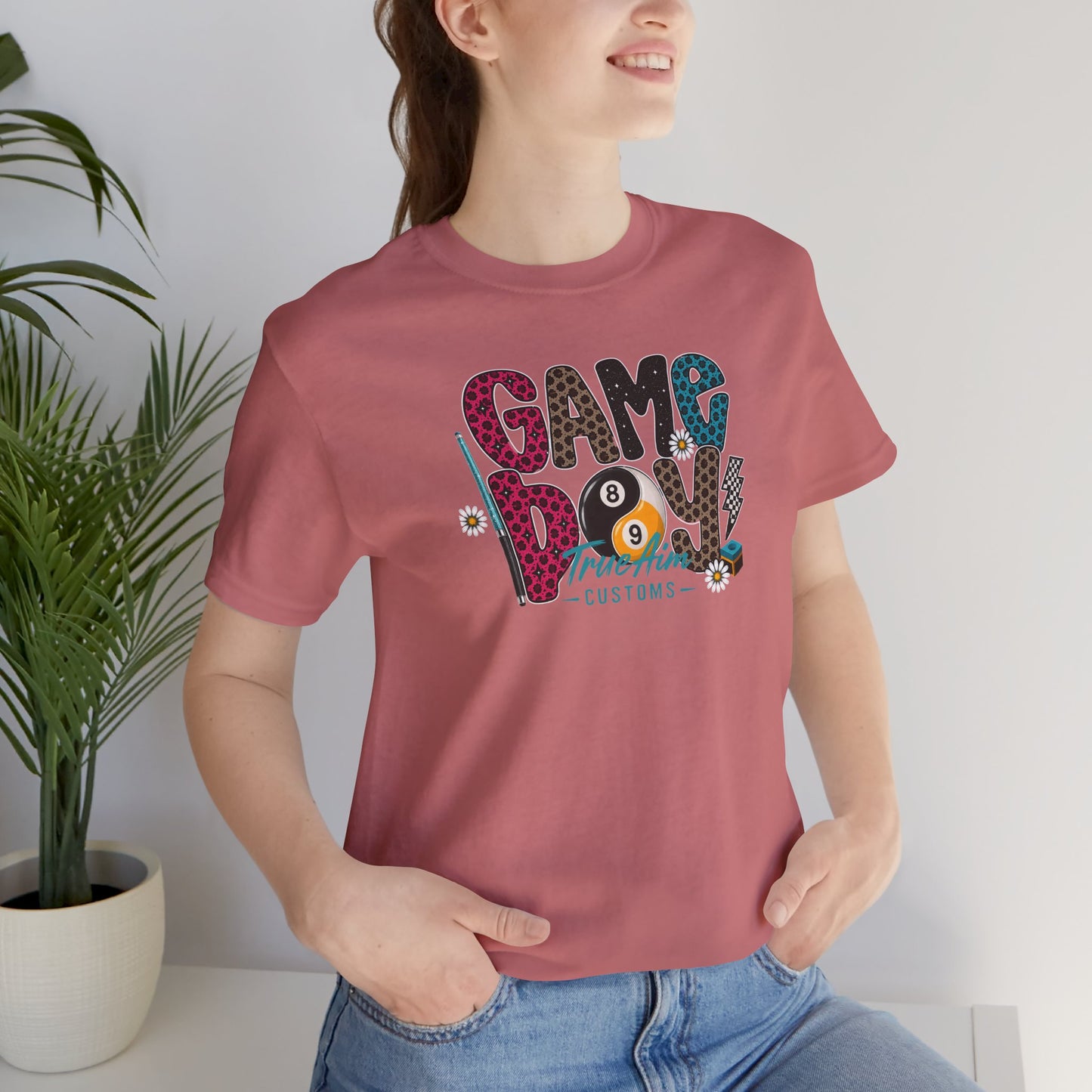 Game Day Pool Tee — "Game Day" Graphic T-Shirt (Back: "Move Over Boys Let This Girl Show You How To Shoot")