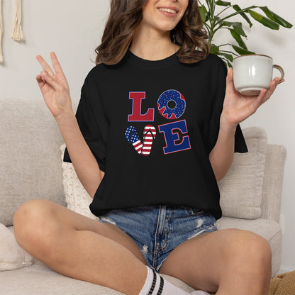 Patriotic "LOVE" Heart T-Shirt — American Flag Fourth of July Tee