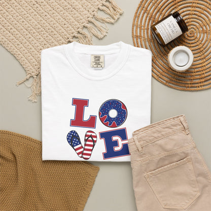 Patriotic "LOVE" Heart T-Shirt — American Flag Fourth of July Tee