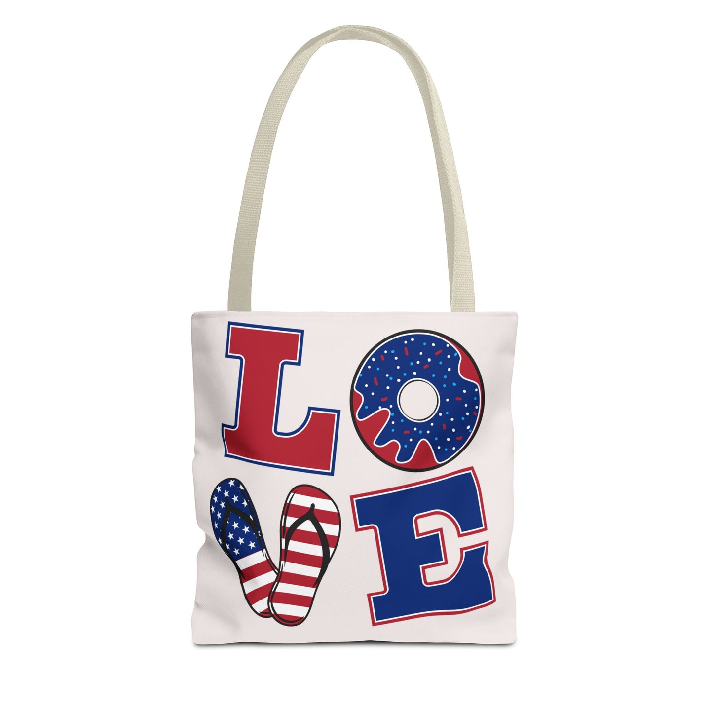 Patriotic 'LOVE' Tote Bag — American Flag Flip-Flop & Donut Beach Bag for 4th of July