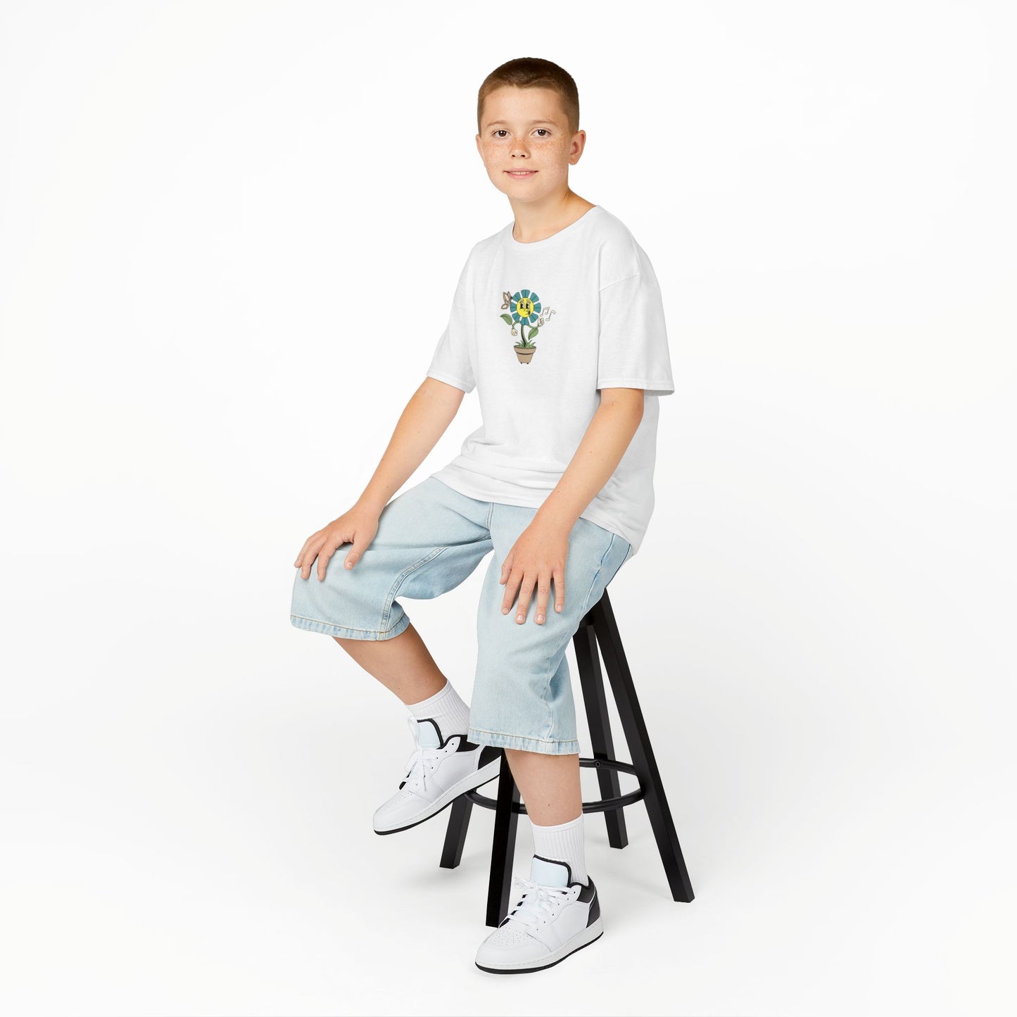 Kids teal Floral Pot T‑Shirt — Smiling Sunflower Plant Graphic