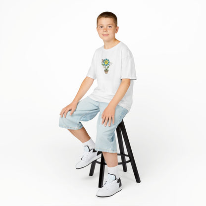 Kids teal Floral Pot T‑Shirt — Smiling Sunflower Plant Graphic