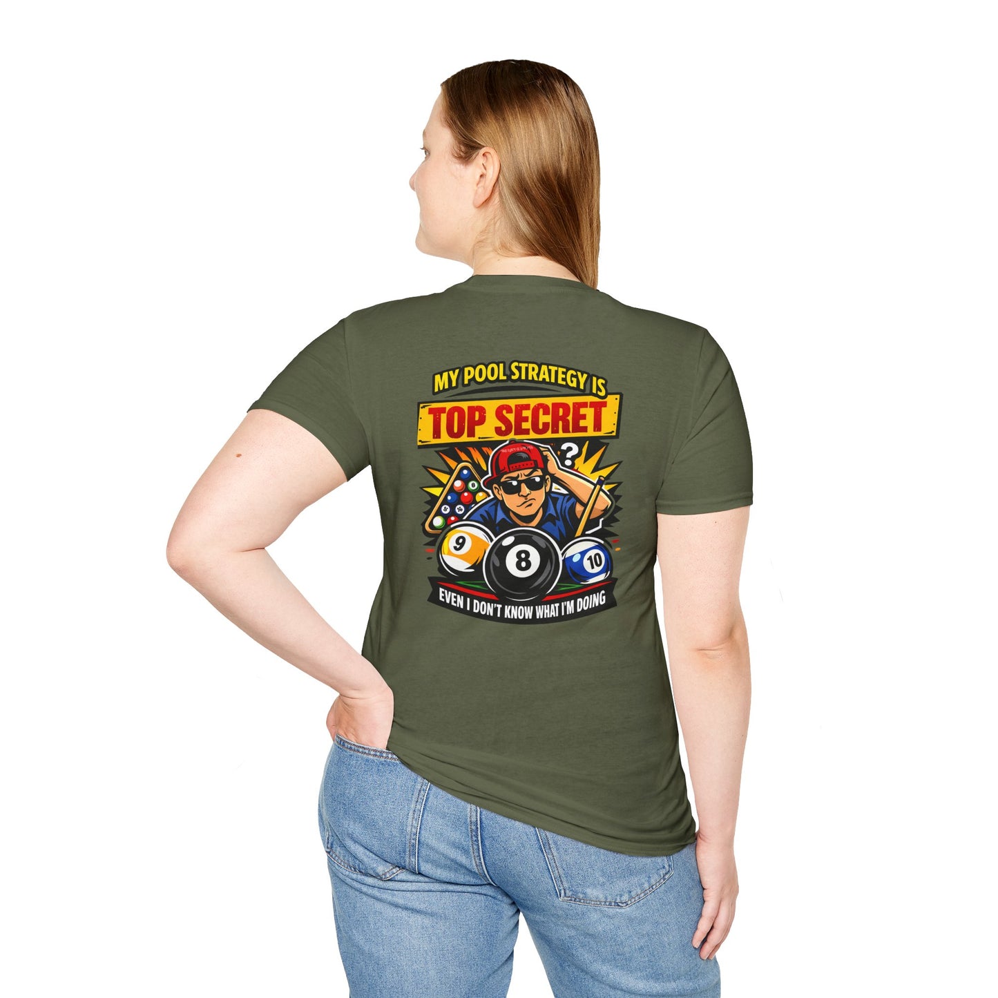 Pool Strategy T-Shirt — “My Pool Strategy Is Top Secret” Billiards Tee