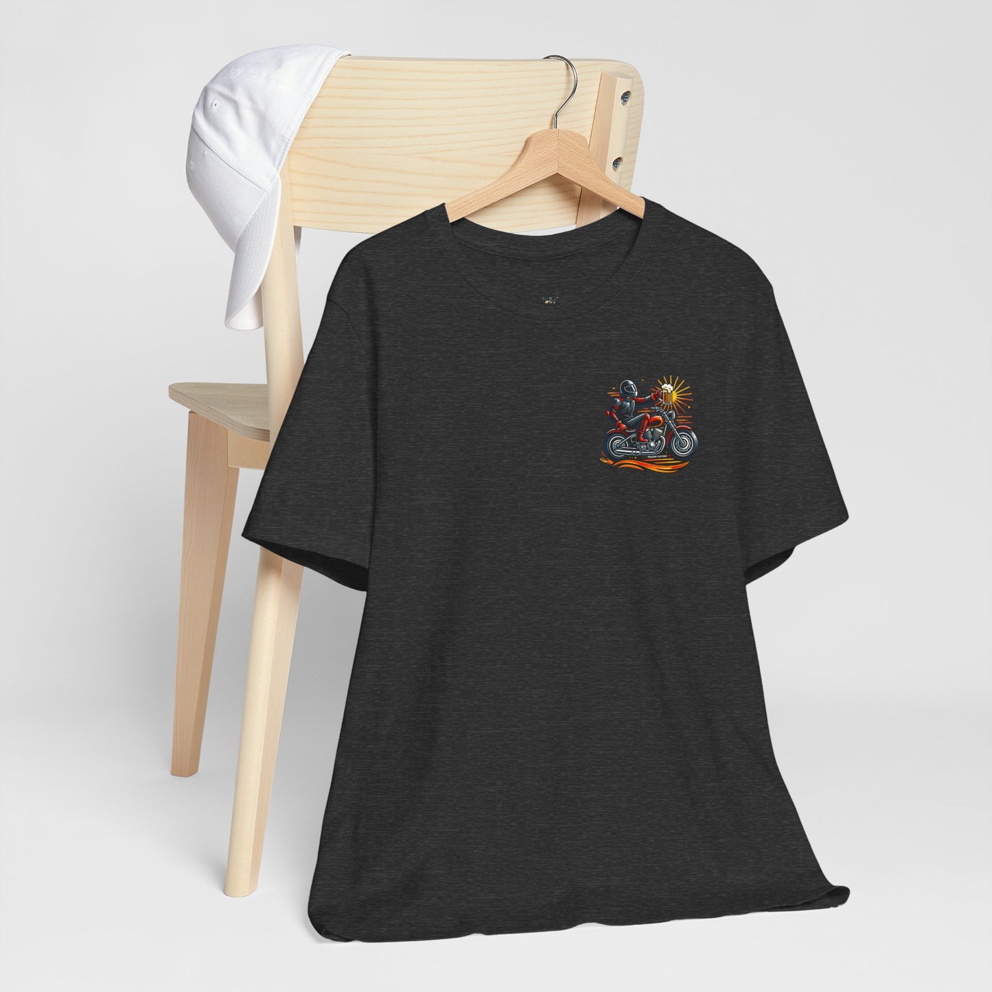 Motorcycle T‑Shirt with Beer Mug Graphic