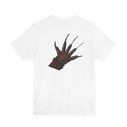 T‑Shirt — 'Nine, Ten, Never Sleep Again' Script Front with Freddy Krueger Claw Back Horror Tee