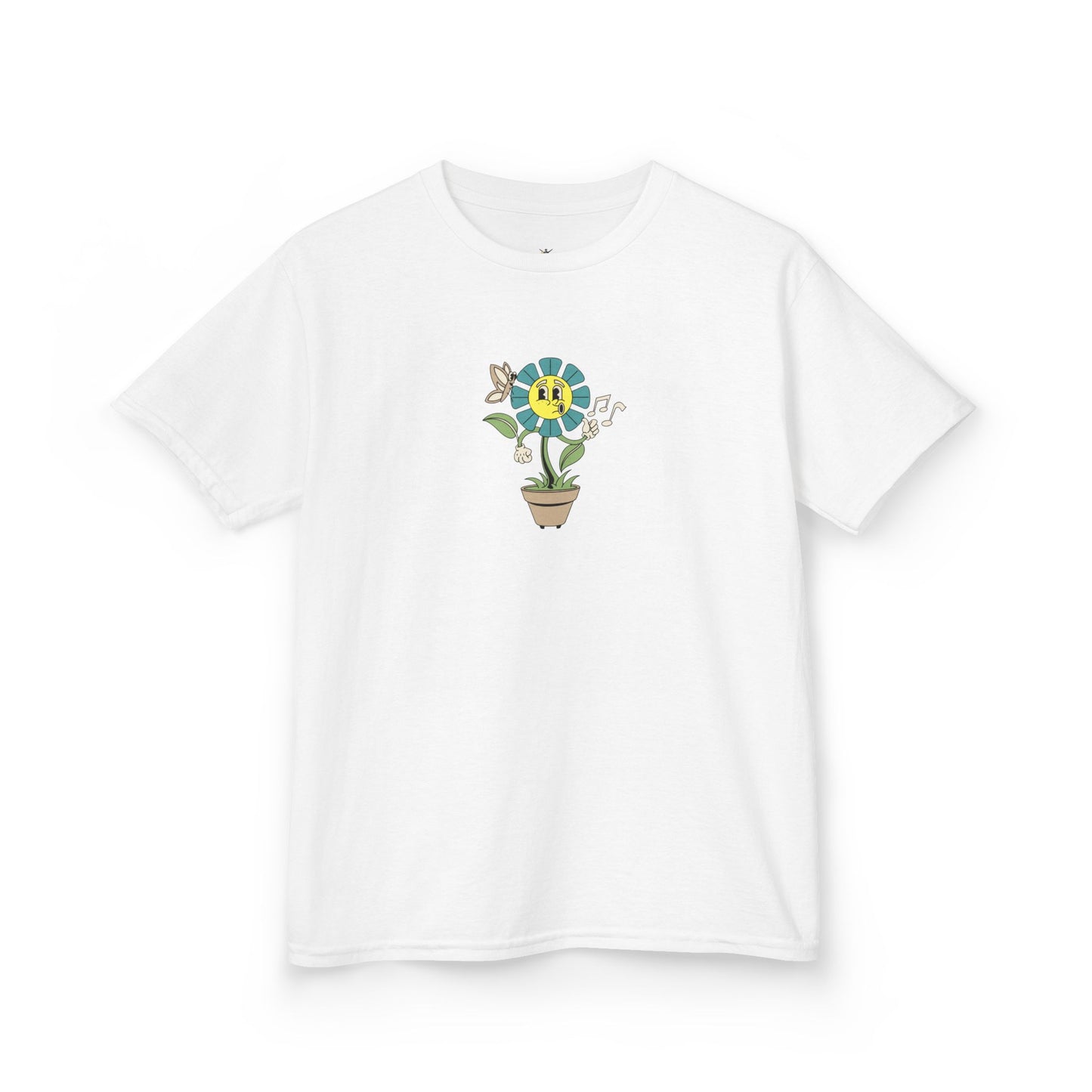 Kids teal Floral Pot T‑Shirt — Smiling Sunflower Plant Graphic