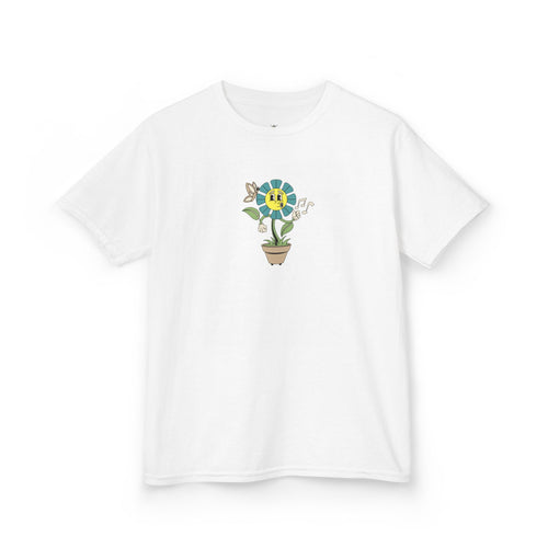 Kids teal Floral Pot T‑Shirt — Smiling Sunflower Plant Graphic