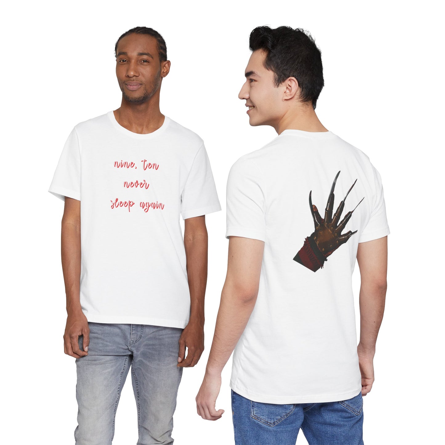 T‑Shirt — 'Nine, Ten, Never Sleep Again' Script Front with Freddy Krueger Claw Back Horror Tee