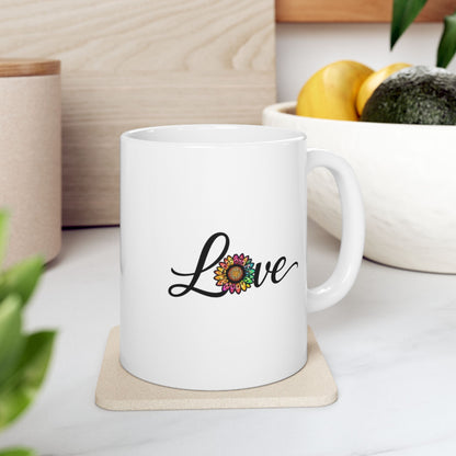 Ceramic Coffee Cup with Colorful Sunflower "Love" Script (11oz & 15oz)
