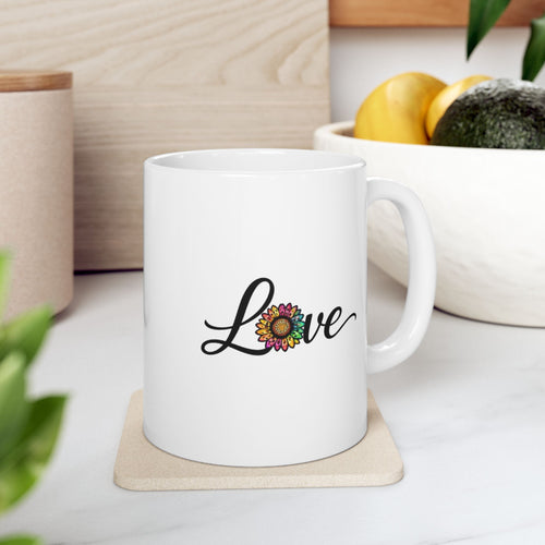 Ceramic Coffee Cup with Colorful Sunflower "Love" Script (11oz & 15oz)