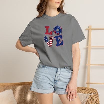 Patriotic "LOVE" Heart T-Shirt — American Flag Fourth of July Tee