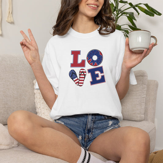 Patriotic "LOVE" Heart T-Shirt — American Flag Fourth of July Tee