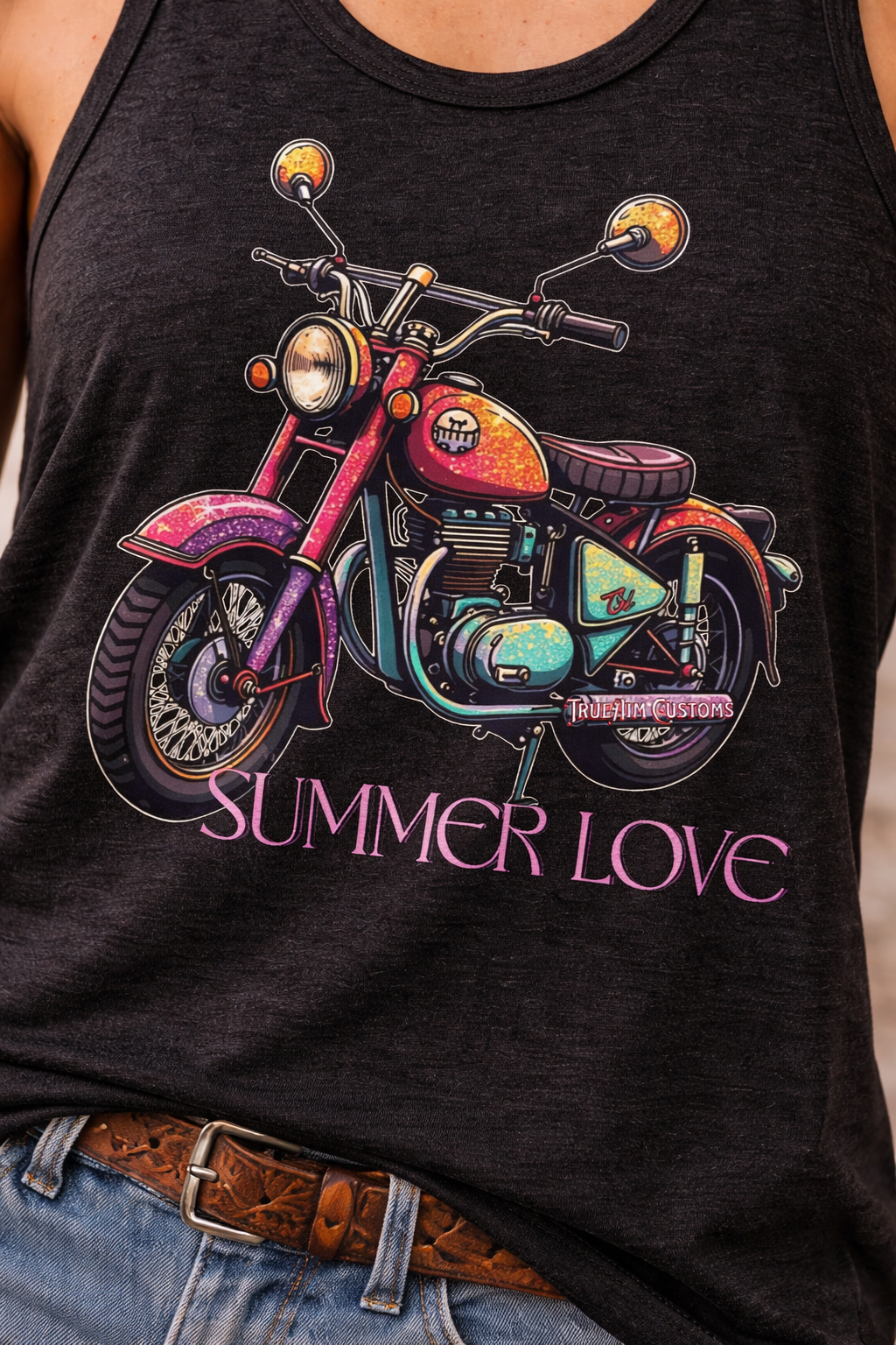 summer_love_zoom_mock_up.png → "Close-up detail of Summer Love Motorcycle graphic on Bella + Canvas racerback tank"